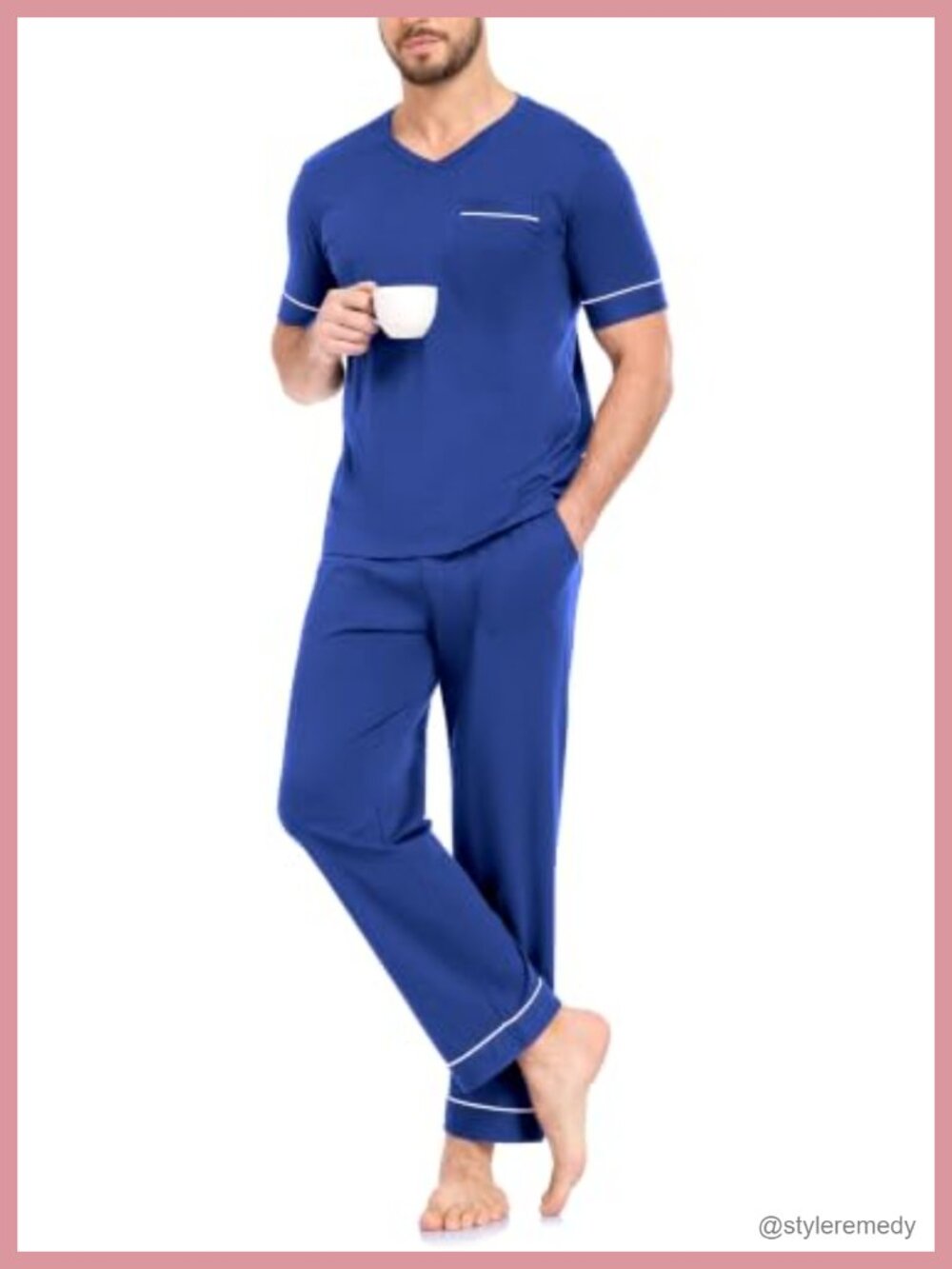 Mens 100% Cotton Pajama Set Short Sleeve V-Neck Sleepwear PJs Pocket